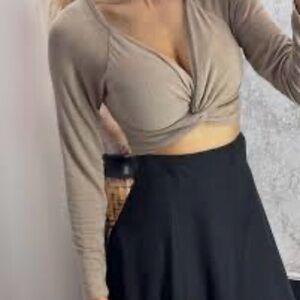 MARBLE Beige Long Sleeve Crop Top